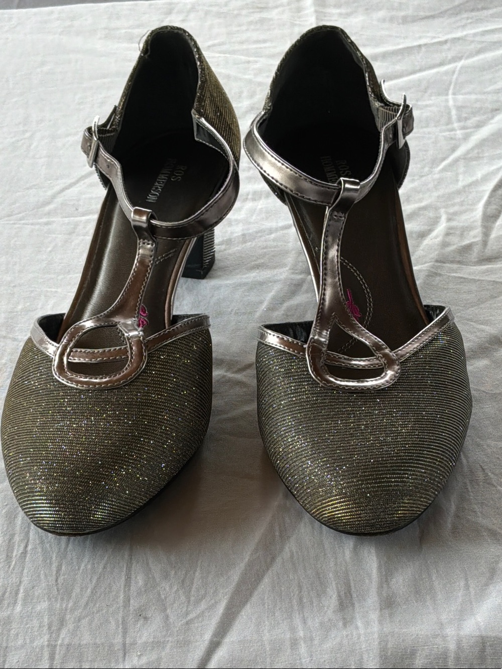 Ross Hommerson Heidi T-strap pumps silver glitter evening heels. 9WW extra wide